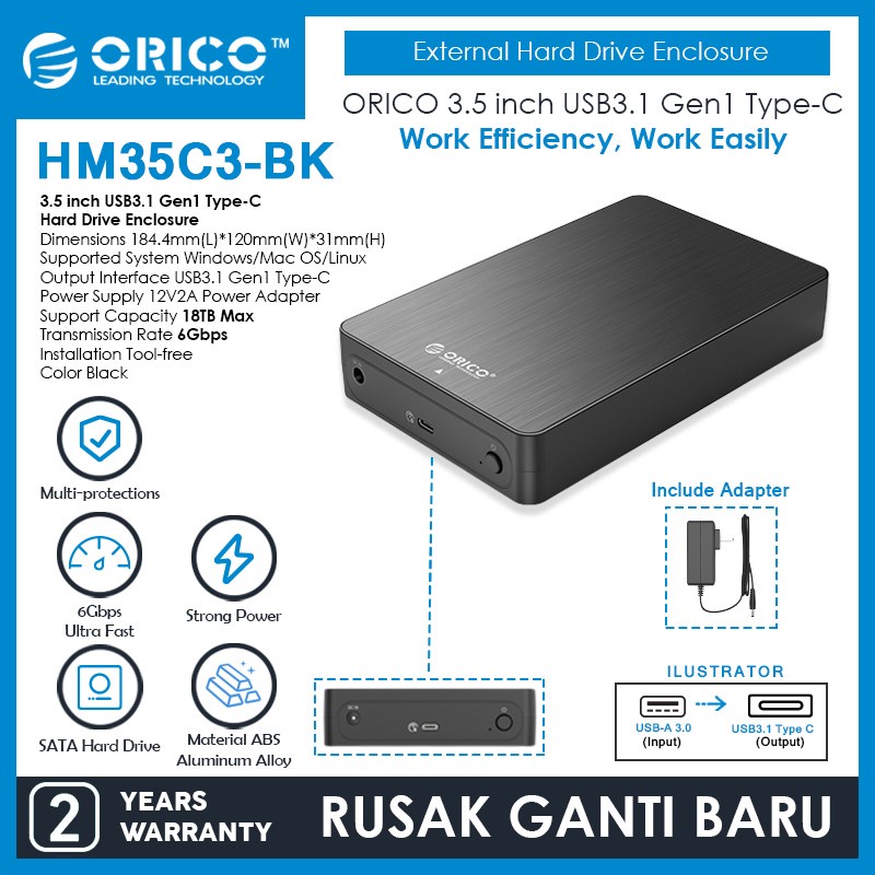 ORICO HM35C3 3.5 inch USB3.1 Gen1 Type-C Hard Drive Enclosure