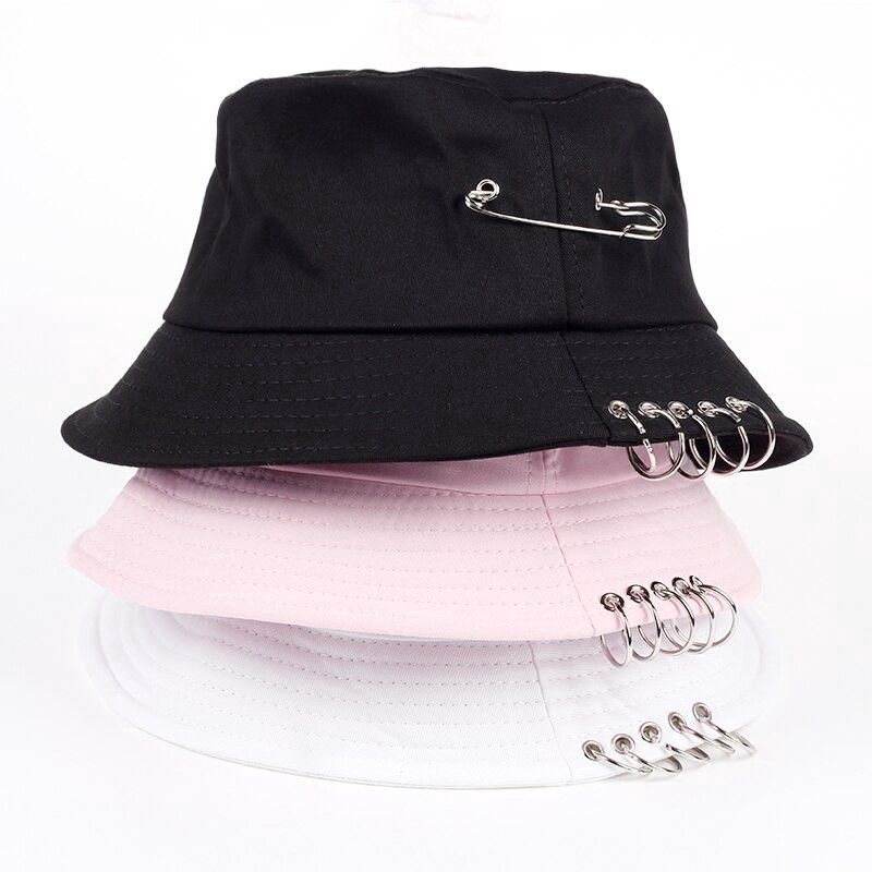 Voron Monochrome iron pin rings personality topi bucket unisex cotton fisherman hat topi bucket pria topi bucket wanita