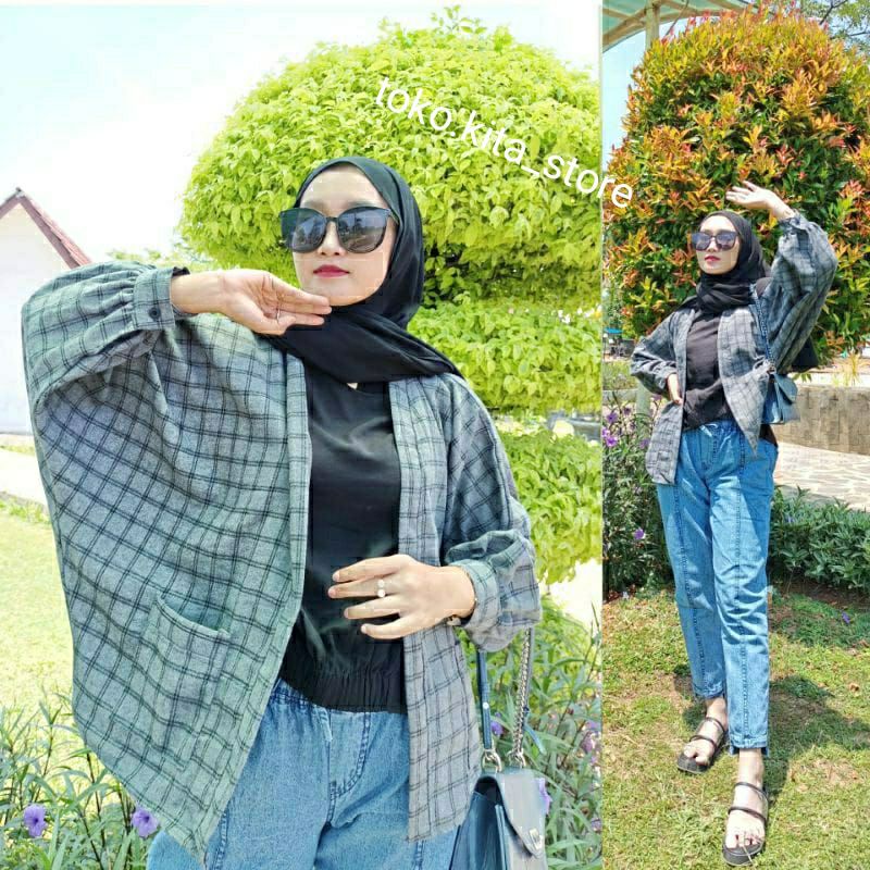 Outer Balon Grid Flanel Cardigan Ballon Outher Cardy Oversize