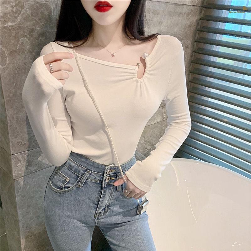 Nico## crop top T-shirt kecil wanita atasan lengan panjang mutiara T Shirt bottoming ramping