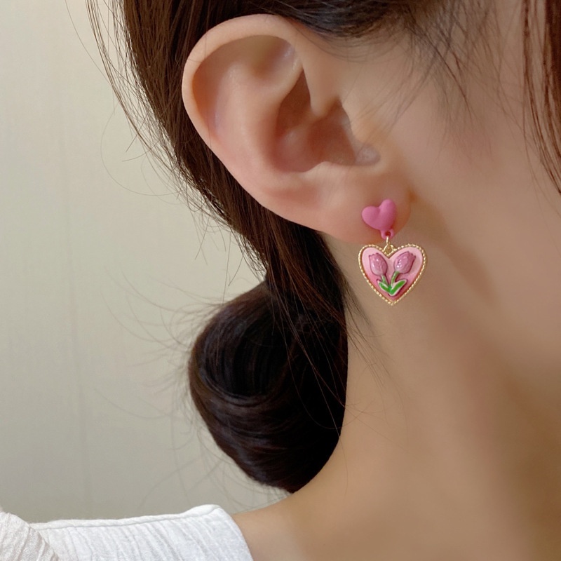 Anting Bentuk Hati Warna Pink Gaya Korea