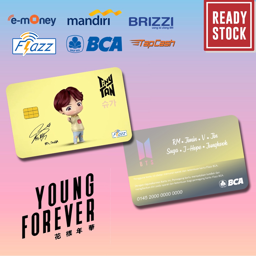 Emoney mandiri flazz bca gen 2 brizzi tap cash custom BTS ARMY jimin, jungkook, v, rm, j-hope, jin, suga kartu e toll free edit 1 sisi atau 2 sisi cocok untuk komunitas dan souvenir