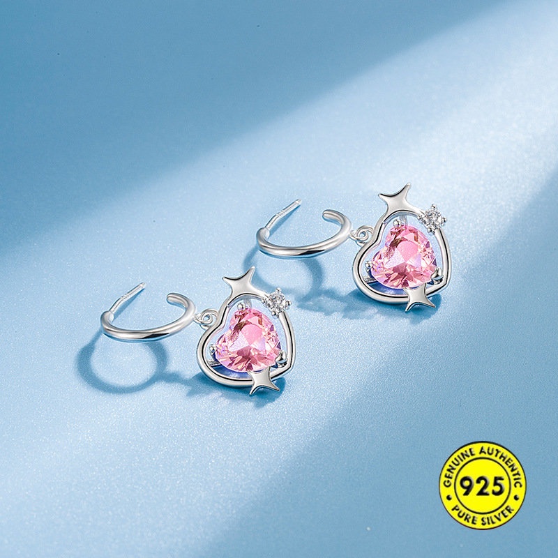 Anting Tusuk Sterling Silver 925 Desain Hati Hollow Hias Berlian Pink Untuk Wanita U933