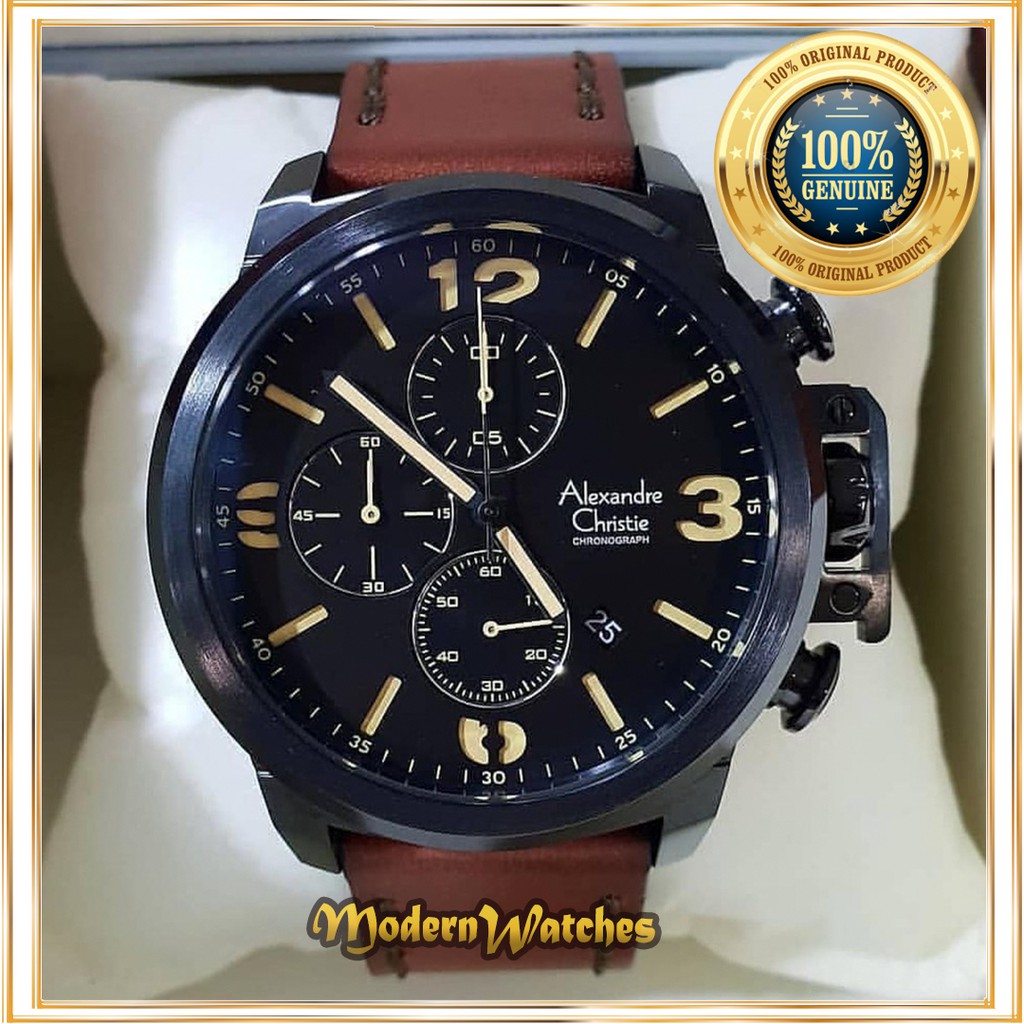 Jam Tangan Ori Pria Alexandre Christie AC 6280 Brown Black Hitam Coklat Kulit Sport Jam Cowok