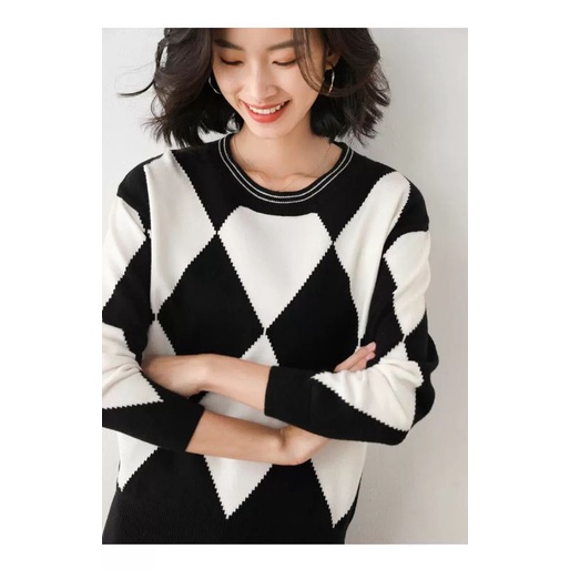 Sweater Karin Knit Import - Blouse Motif Catur Wanita - Atasan Rajut Wanita TM (39109)