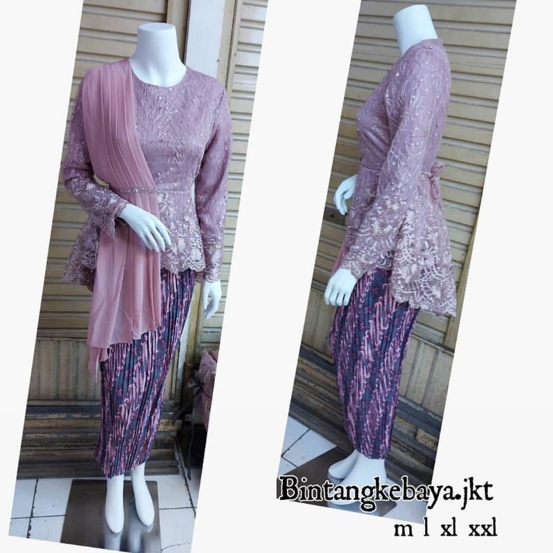BEST • SET KEBAYA AURORA SELENDANG MIX ROK PLISKET JUMBO / SILVER LAVENDER HIJAU BOTOL COKLAT