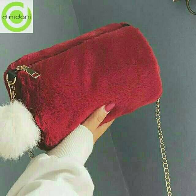 RULLY Sling Bag TAS SELEMPANG BULU LEMBUT IMPORT TERMURAH Ladies Crossbody FREE POMPOM