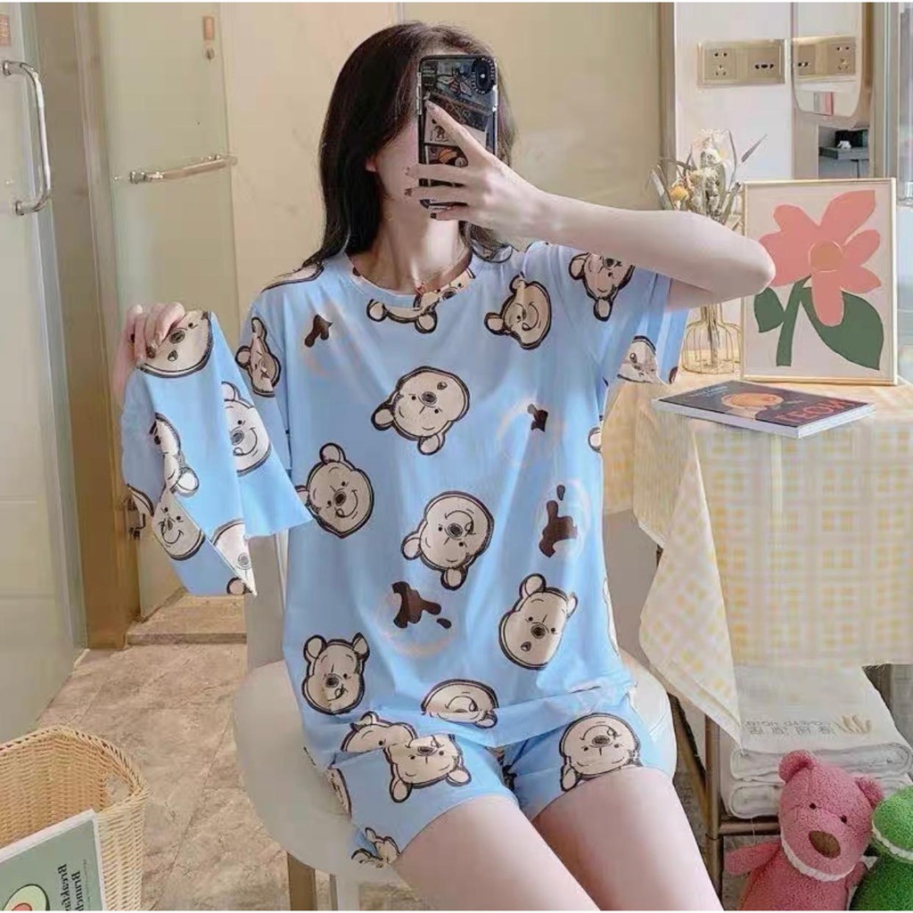 Baju Tidur Piyama Set/Piyama Wanita Import/Baju Piyama Pendek/Short Sleep Wear-K5-Biru Bear