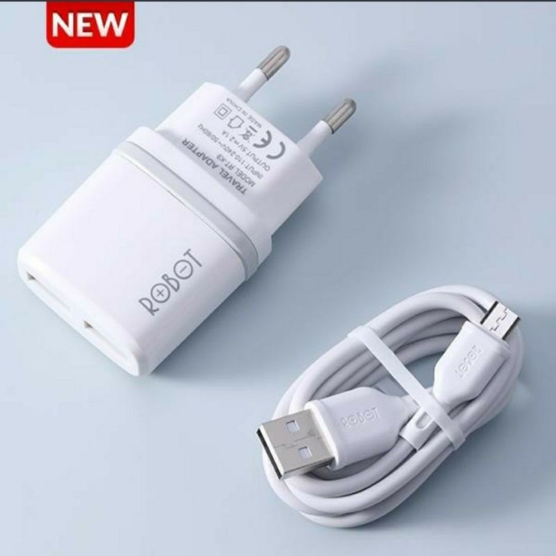 CHARGER DUAL PORT USB 2.1A KABEL MICRO USB ROBOT RT-K9 GARANSI 1 TAHUN