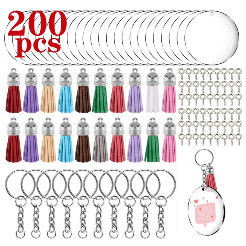 SIY  200 Pcs Acrylic Keychain Blanks Kit for DIY Projects Crafts with Key Rings Jump Rings Round Clear Discs Circles Colorful Tassel Pendants