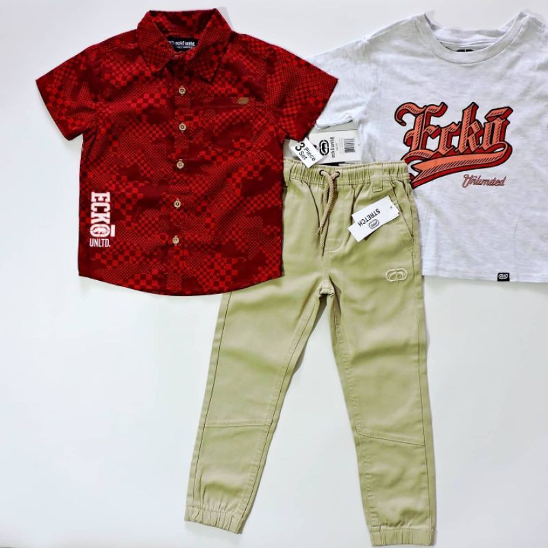 SETELAN ANAK LAKI LAKI 3PCS ORIGINAL ECKO IMPORT BRANDED KEMEJA CELANA CHINOS DAN KAOS TSHIRT PREMIUM BAJU LEBARAN