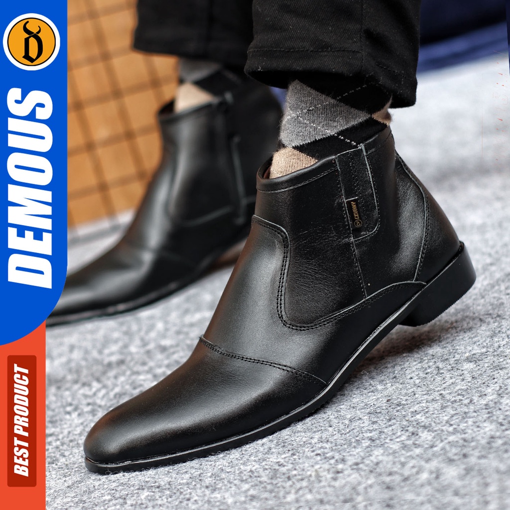 Sepatu Pantofel Pria Sepatu Formal Pria Kulit Asli Zipper Sepatu Pantopel Hitam Kerja Kantor DEMOUS FOX