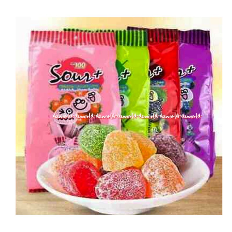 Sour + Orange Flavoured 100gr Gummy Permen Kunyah Kaya Rasa Orange Mango Strawberry Apple Candy Gummies Permen Lunak Sour Plus Sour+