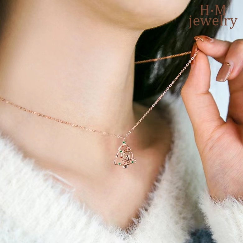 Kalung Rantai Klavikula Desain Pohon Natal Warna Rose Gold Bahan S925 Silver Untuk Hadiah Natal