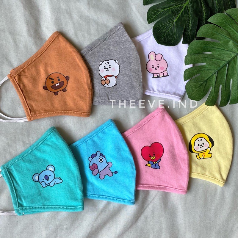 Theeve MASKER KAIN BT21 BTS | Masker Korea Kpop Earloop 2 Ply Murah Bahan Katun untuk Anak dan Dewas