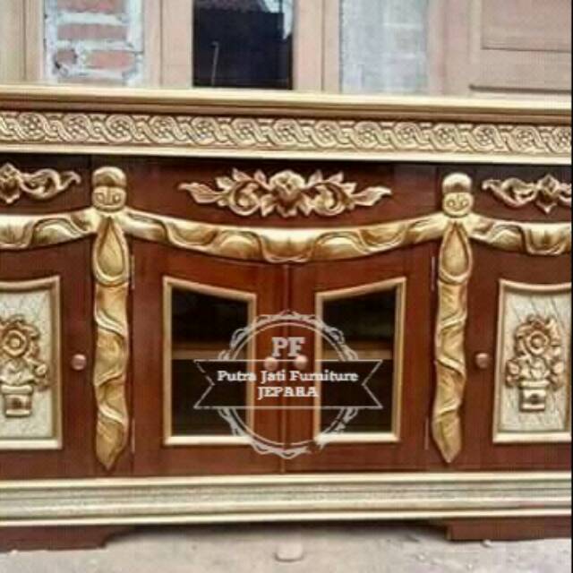 Rak Bipet Meja Tv Warna Natural Emas, Bufet Full Ukir Jati Free Ongkir