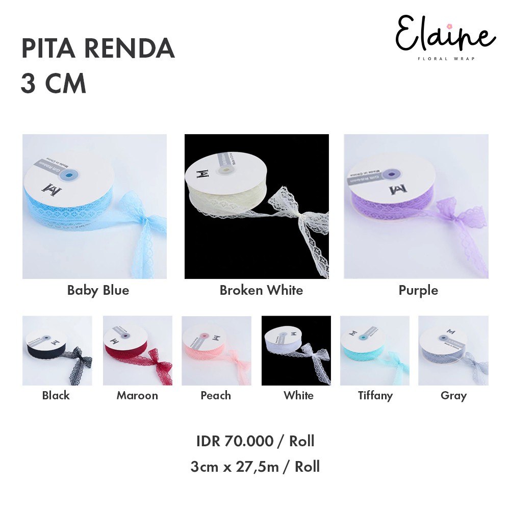 

PITA RENDA LEBAR 3 CM PANJANG 1M ROLL RIBBON PITA BUNGA / FLOWER WRAP RIBBON / PEMBUNGKUS BUNGA
