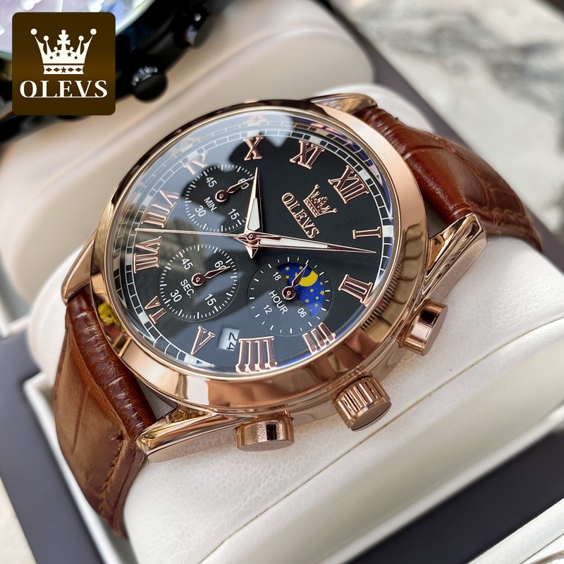 OLEVS Jam Tangan Pria Original Anti Air Kulit Tahan Keren Luxury Chronograph Watch Men Multifungsi Hitam Coklat Cod