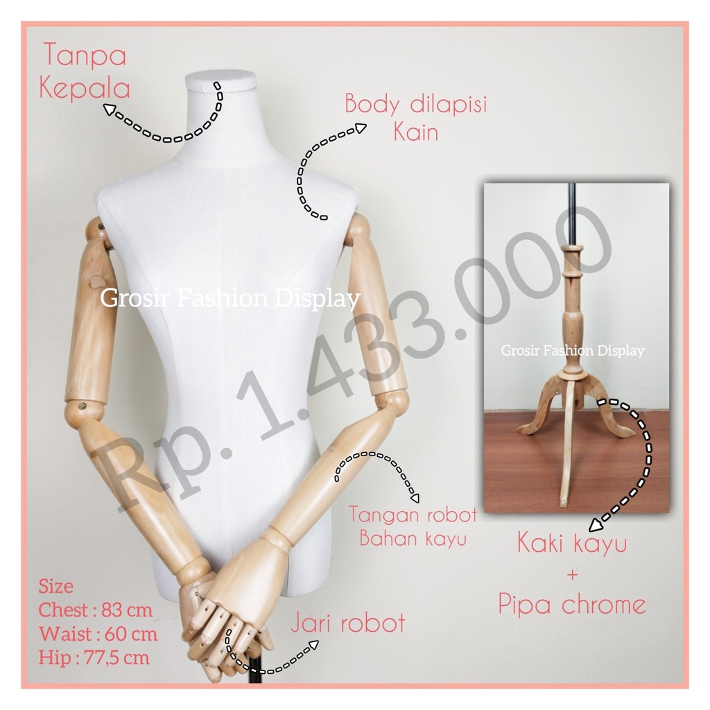 Manekin Setengah Badan Manekin Dm Tangan Robot Cewek Model Tangan Motif Kayu Tanpa Kepala Tiang Kayu Patung Manekin-BH
