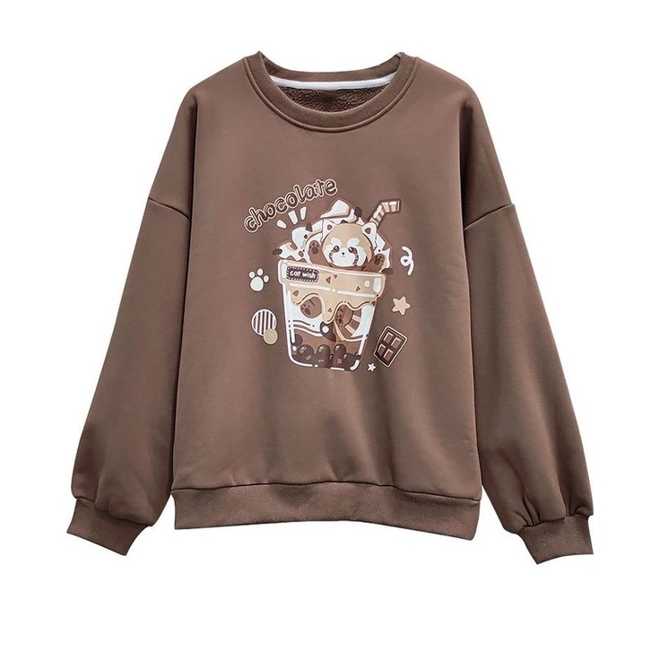 CHOCOLATE CAT WISH Oversize Sweater Crewneck Oblong Wanita Blouse Gaya Casual Korean Style