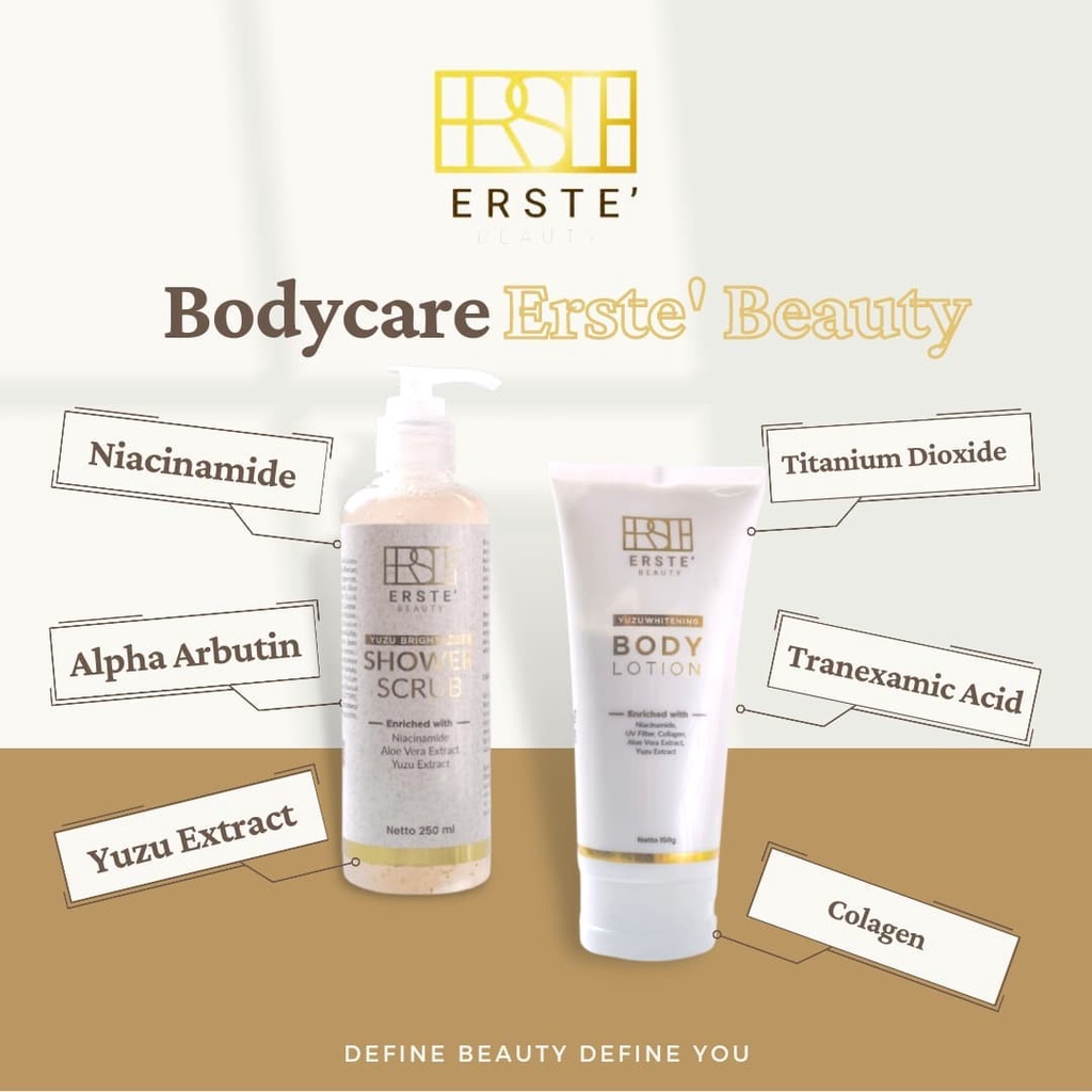ERSTE BEAUTY Paket Bodycare  Body Lotion dan Shower Scrub Yuzu Glowing Whitening BPOM Perawatan Tubu