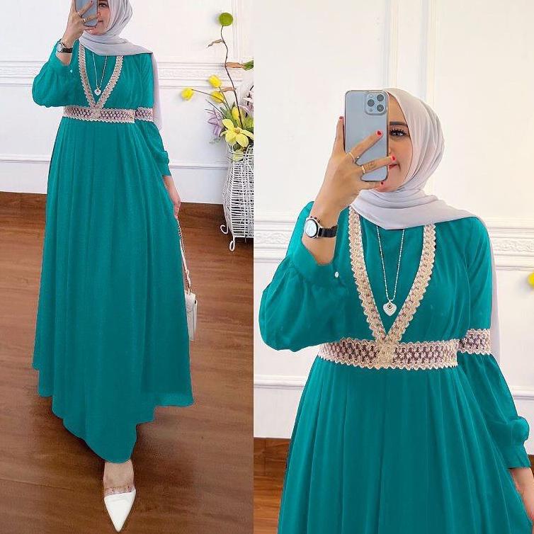 [KODE BA7YG] Alaliya Dress Gamis Qaisha Lebaran 2022 Size M,L,XL,XXL Wanita Aplikasi Renda Pakaian W