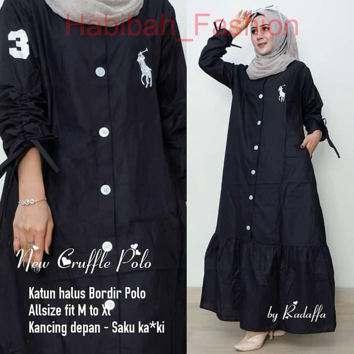 Baju Muslim Gamis Polo Dress Panjang Hijab Casual Pakaian Wanita Hijab - Hitam