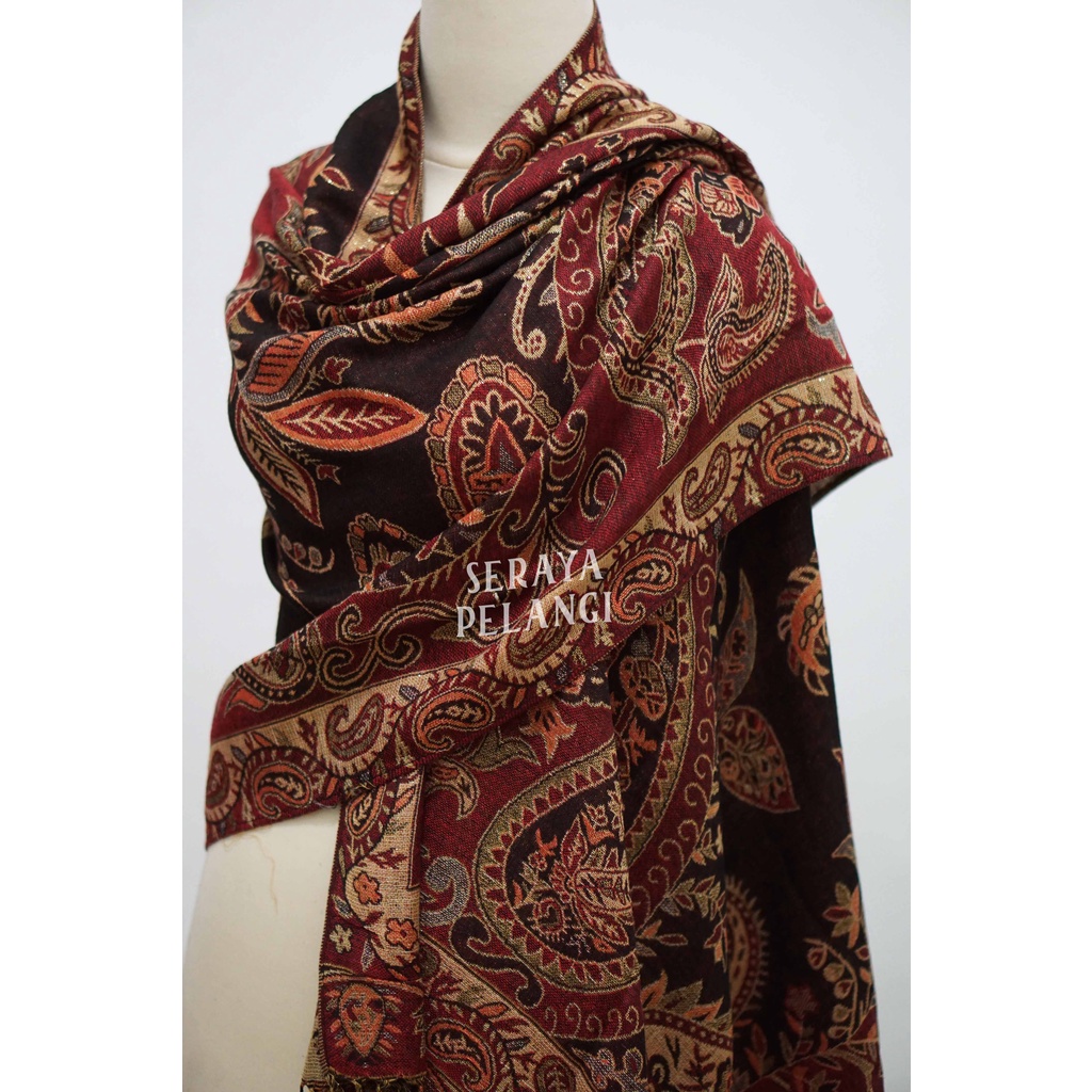 Pashmina Cashmere Metalik 17 | Motif Keong/Daun | Selendang | Scarf | Syal | Shawl | Pasmina | Souvenir | Hadiah Ulang Tahun | Birthday Gift | Aksesoris Fashion Wanita | Import Quality | Grosir Murah | Benang Emas Perak | Gold Silver Thread