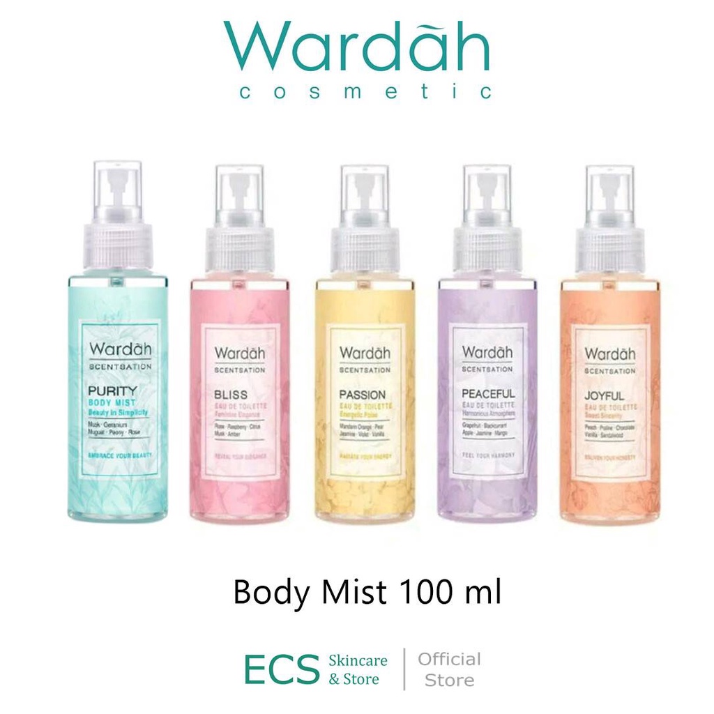 PARFUM Wardah Scentsation Eau De Toilette 35 ml / Body Mist 100 ml All Varian - Bliss (Pink Merah), Joyful (Orange), Passion (Kuning Coklat), Peaceful (Ungu), Purity (Hijau) - Pewangi Badan Tubuh Parfum Semprot EDT Minyak Wangi