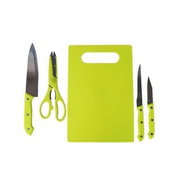 Set Pisau Dapur Knife Set 5in1 Plus Talenan Stainless Pisau Dapur 20cmx30cm