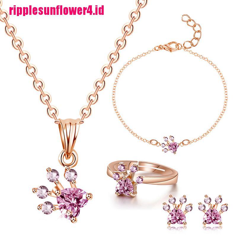 4pcs / set Kalung + Gelang + Cincin + Anting Kristal Bentuk Telapak Kaki Untuk Wanita