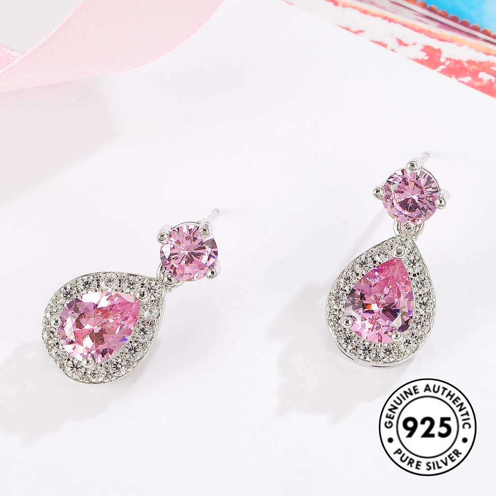 Anting Tusuk Sterling Silver 925 Desain Tetesan Air Hias Batu Permata Pink Elegan Untuk Wanita