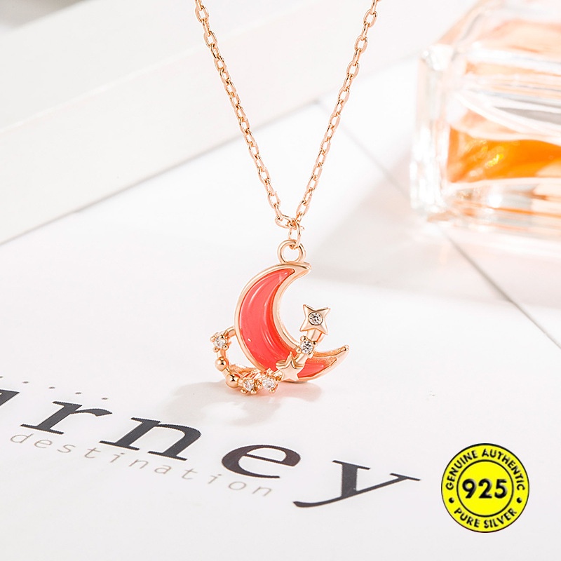 Kalung Rantai Rose Gold 18K Dengan Liontin Bulan Sabit Pink Untuk Wanita