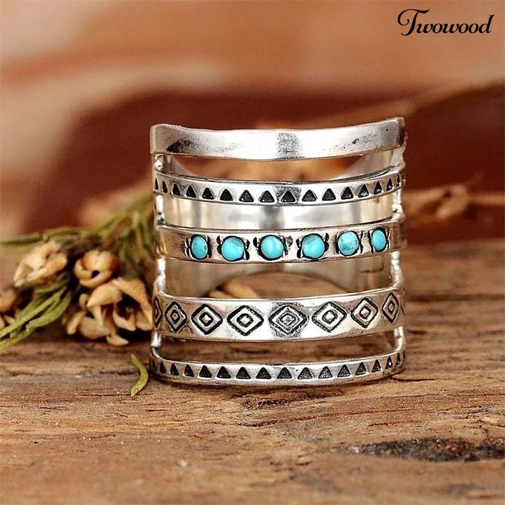 Twowood Multilayer Wide Turquoise Decor Women Ring Symbols Pattern Hollow Bohomia Joint Ring Jewelry Accessaries