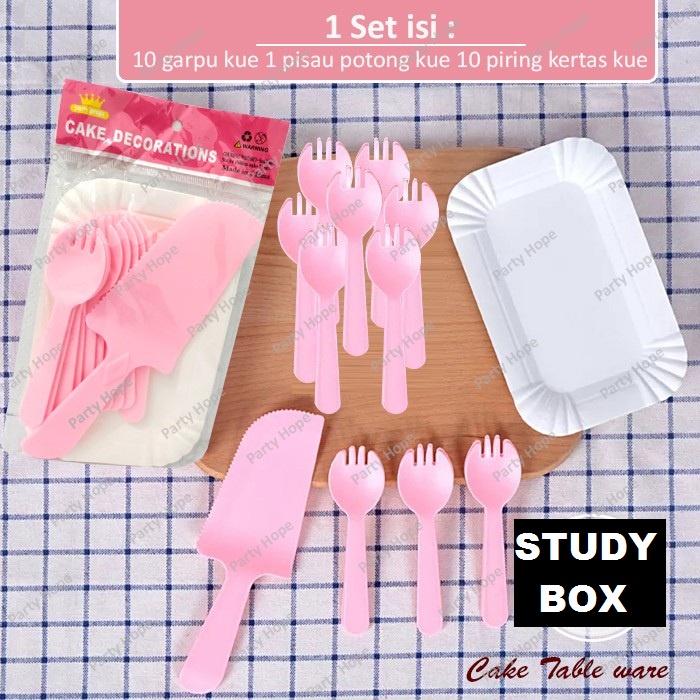 SET ALAT MAKAN KUE/CAKE Biru TABLE WARE PINK/SET PIRING GARPU PISAU KUE 10 set