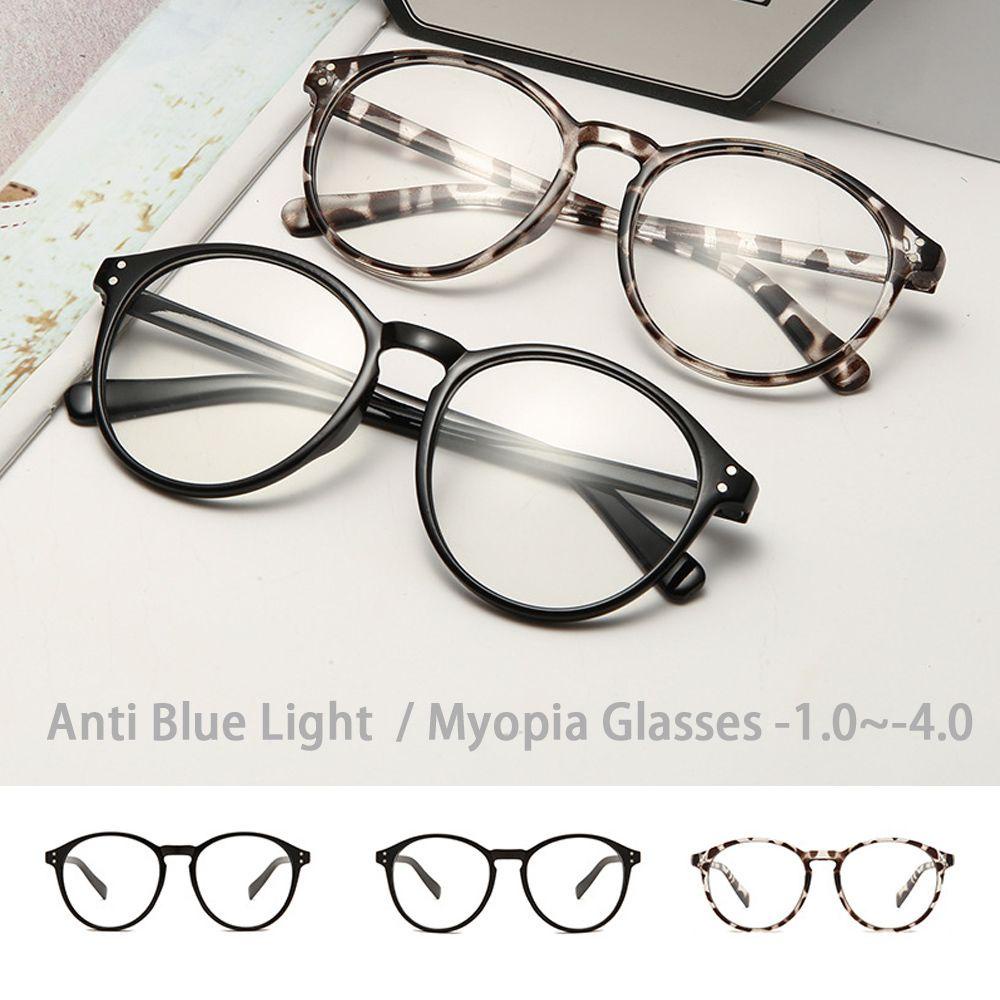 Nanas -1.0~-4.0 Kacamata Myopia Vintage Bingkai Bulat Brown/Black/Leopard Print Flat Mirror Eyewear