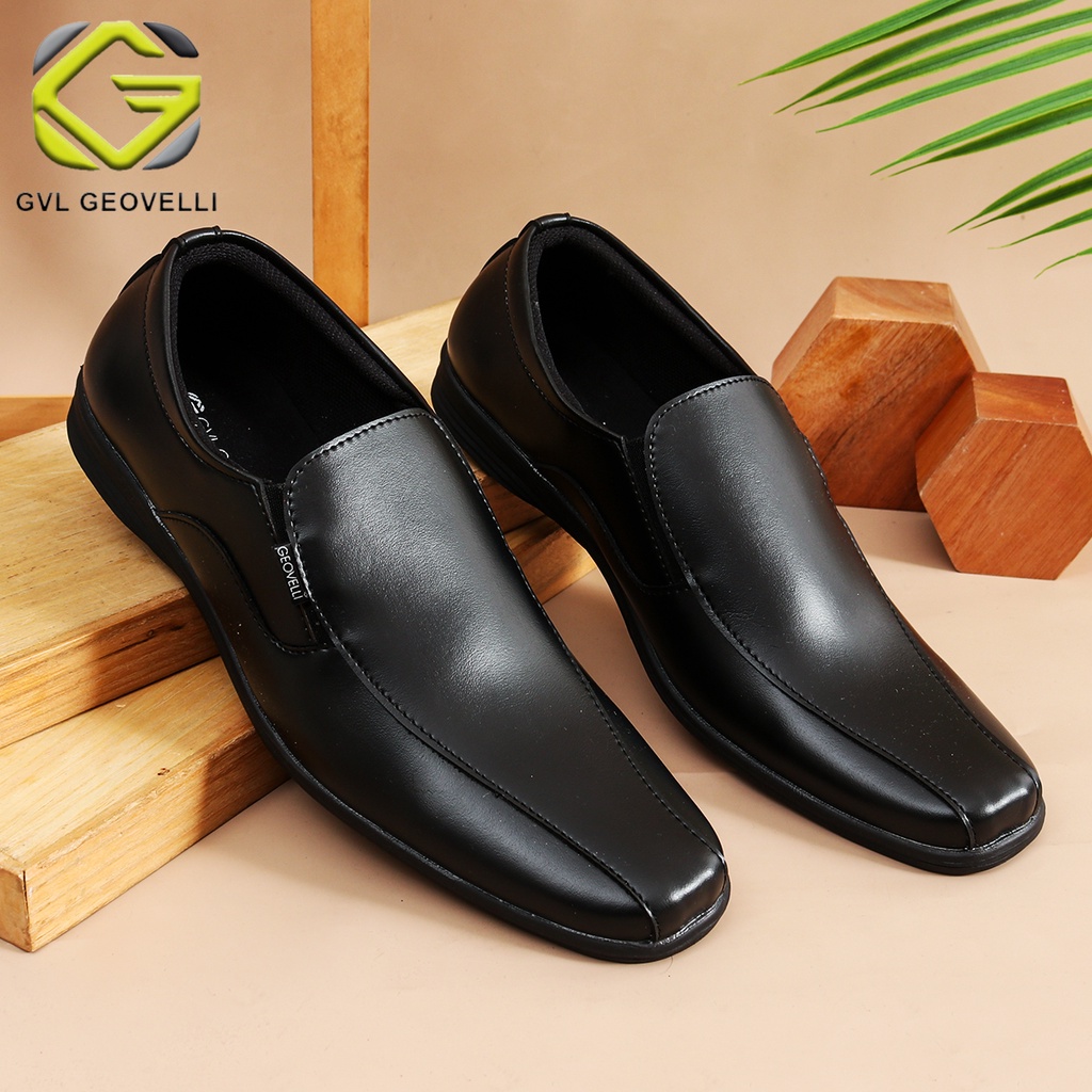 GEOVELLI | Sepatu  Pantopel Pria Kulit Hitam Sepatu Pantofel Formal Kerja Dinas Pesta Kulit - FULL BLACK