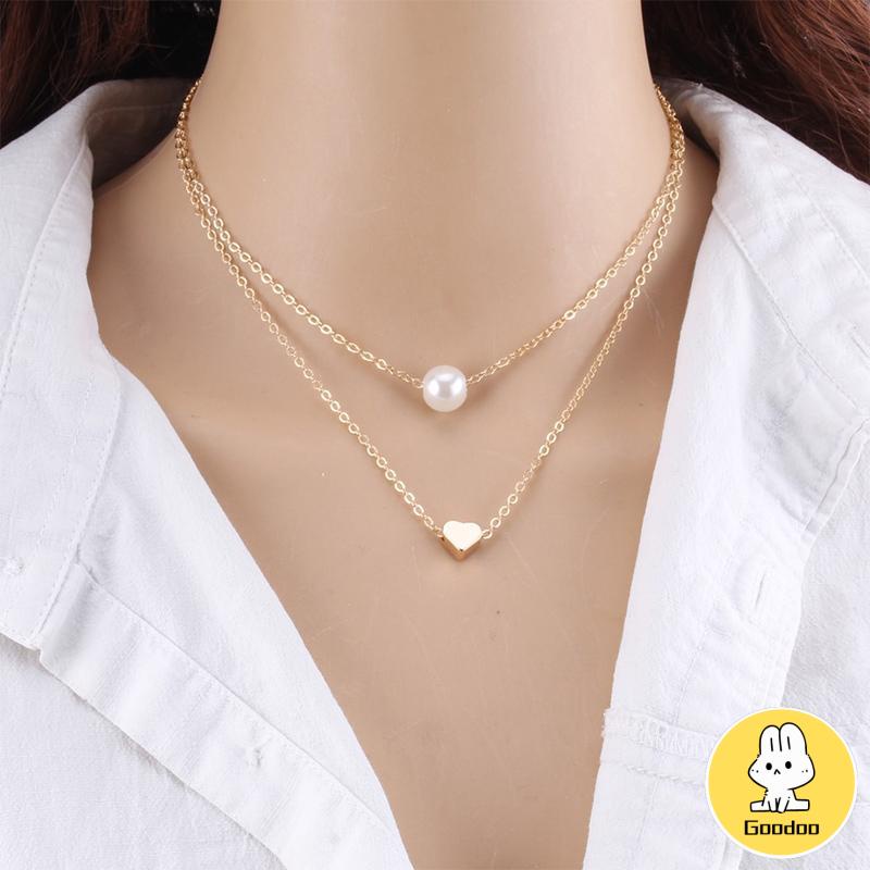 Kalung Rantai Klavikula Pendek Multilayer Aksen Mutiara Ganda Untuk Hadiah Ulang Tahun Wanita -Doo