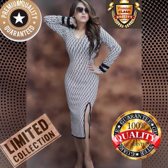 Dress Midi V Neck FENDI Stretch Bodycon Elegan Sexy Belahan Korean