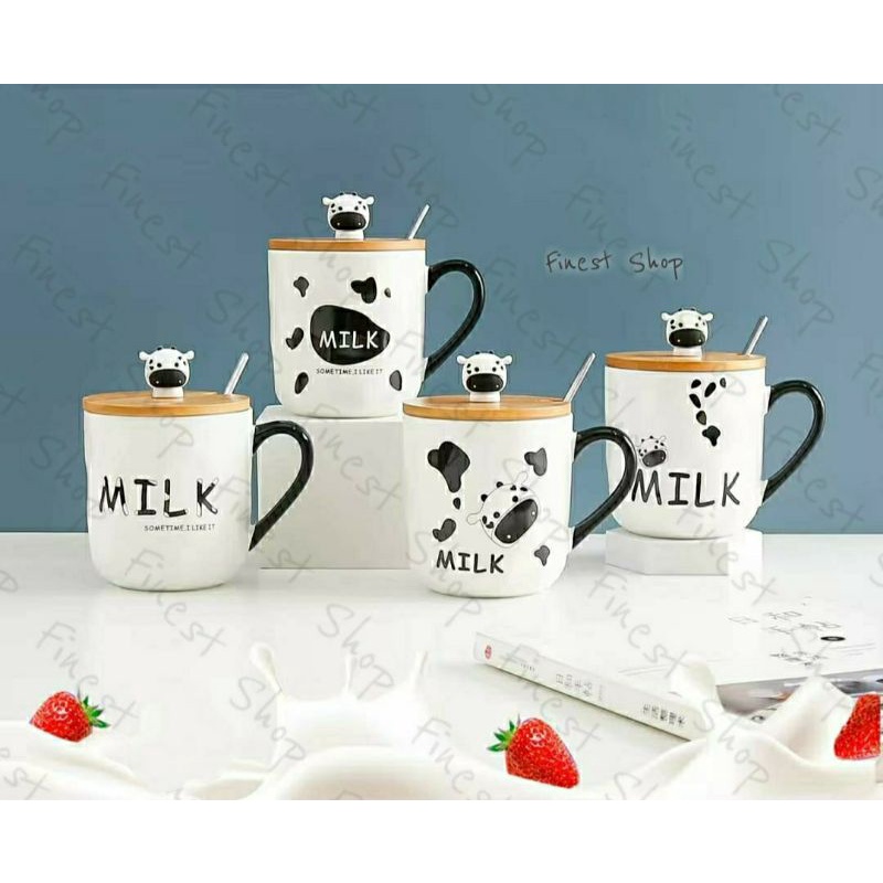 NEW! Mug Keramik Tutup + Sendok Cangkir Sapi Panda Kelinci Macarons Lebah Bear Gelas Bee Yellow IMPORT Porcelain Mug Aesthetic Gift Ceramic Wood Cover Glass Honey Cow Milk Tea White Cup Coffee Kado Hadiah Ultah Birthday Tempat Minum Madu Spoon Stainless