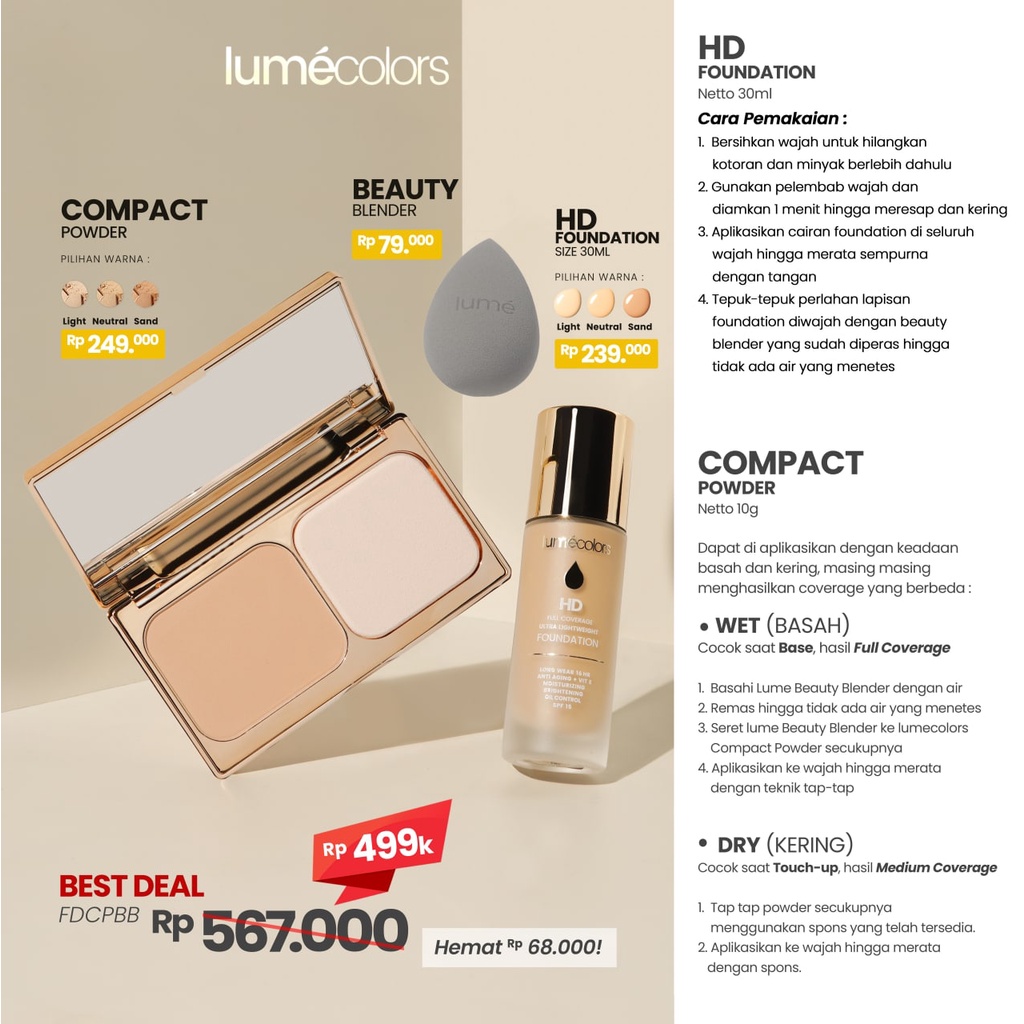 (Free Emas) Lumecolors Paket Hemat Bundling Foundation Compact bedak padat Beauty Blender