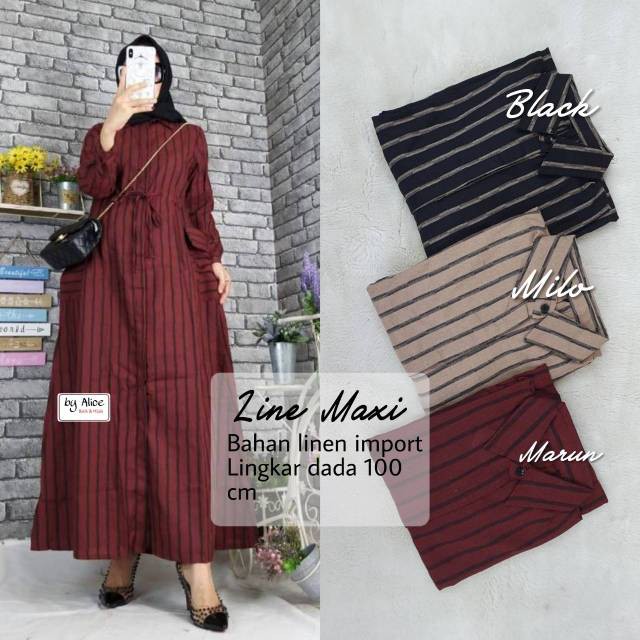 Line Maxy Original Alice Gamis Motif Garis / Salur Longdress Maxi Material Linen Premium
