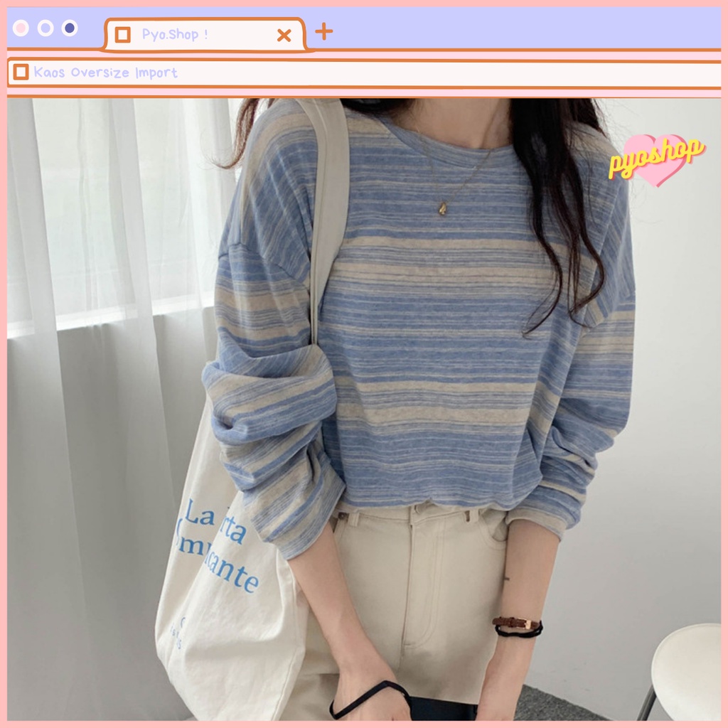 Oversize Tee Tshirt Kaos Import Longgar Motif GARIS LENGAN PANJANG