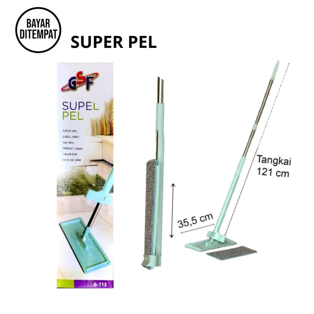 BWDG  Alat Pel Lantai Praktis Flat Mop Super GSF G 713 Set Gagang Panjang Pendek Free 2 Buah Kain