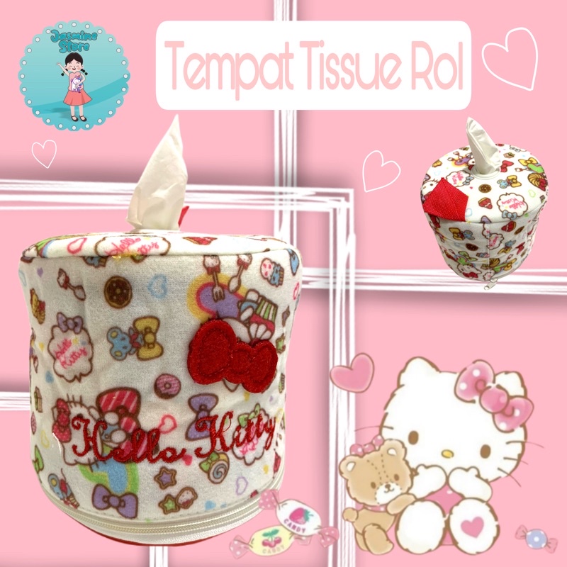 Hello Kitty Round Tissue Box/Tempat Tissue Bulat Roll/Kotak Tisu Hello Kitty/Tempat Tissue Roll Kain Hellokitty Pita