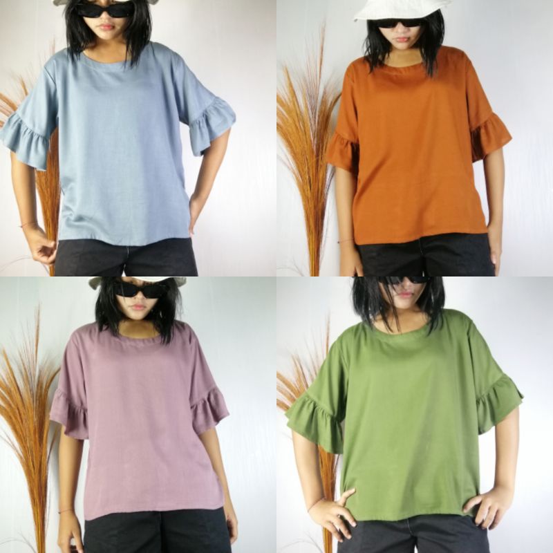 Atasan Wanita Lengan Rempel Rayon Polos (Ruffle Sleeve Top)