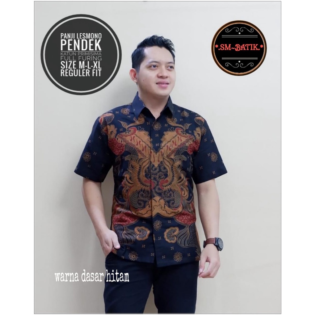 BATIK PREMIUM PANJI LESMONO HITAM KEMEJA BATIK PRIA SOLO LENGAN PENDEK LAPIS FURING ATASAN PREMIUM M