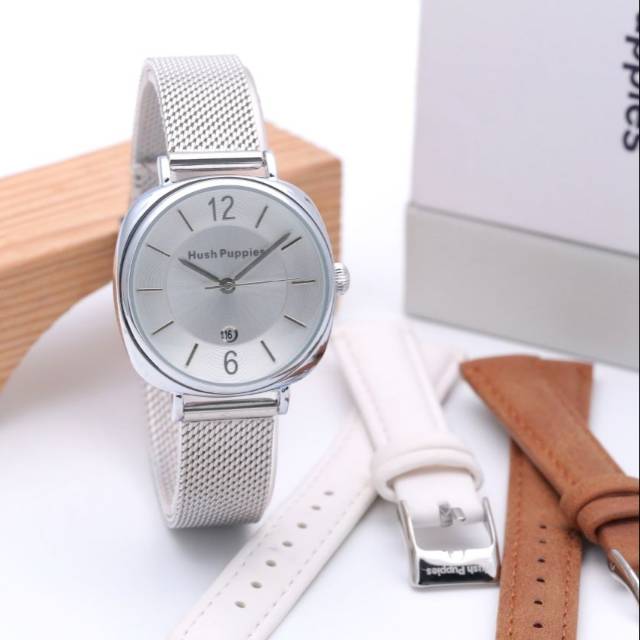 JAM TANGAN PAKET HUSH PUPPIES TANGGAL RANTAI PASIR BONUS TALI KULIT 1 BUAH
