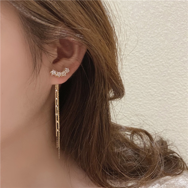 Anting Tusuk Gantung Panjang Sterling Silver 925 Desain Bintang Hias Berlian Gaya Elegan / Mewah Untuk Wanita