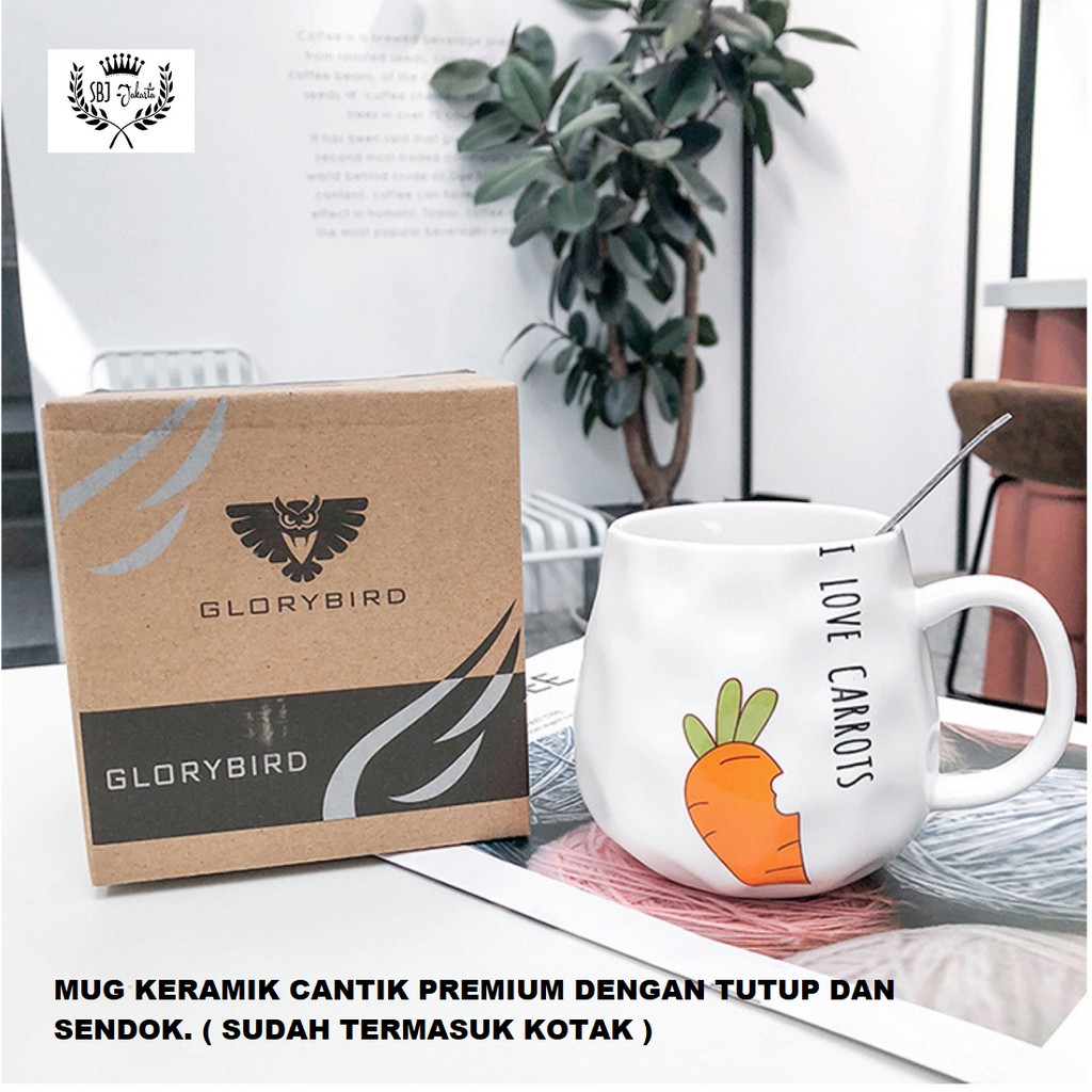 Cangkir Keramik Happy Day Gift Set Ceramic Mug 400 ml dengan Tutup dan sendok